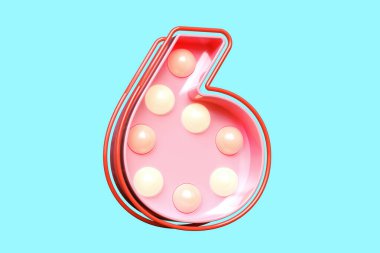 Pembe ve sıcak ışıklarla 6 numaralı ampul marquee basamağının 3 boyutlu tipografisi. Yüksek kalite 3B görüntüleme.