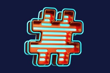 Oyun stili hashtag 'i. Metalik turuncu ve parlak mavi çizgili 3D sembol. Yüksek kalite 3B görüntüleme