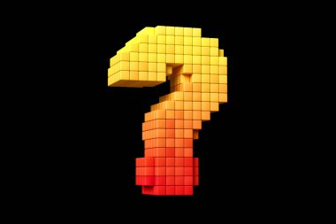 Piksel sanat tarzı sorgulama işareti sarı ve turuncu. Yüksek çözünürlüklü 3D retro elektronik tasarım yazı tipi.