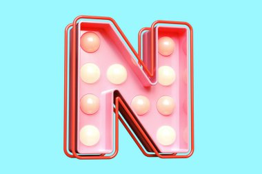 3 boyutlu N harfi, parlak ampullü pembe ile. Yüksek kalite 3B görüntüleme.