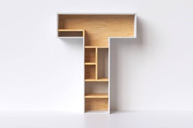 Çevreye duyarlı ürünleri sergilemek için T harfi şeklinde boş ahşap vitrin. 3B illüstrasyon