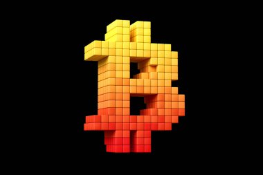 Sarı ve turuncu renkli pikselli Bitcoin logosu. Yüksek çözünürlüklü 3D modern retro tasarım kavramı.