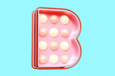 Pembe 3D yazı tipi B harfi. Parlayan ampul ışıkları. Yüksek kalite 3B görüntüleme.