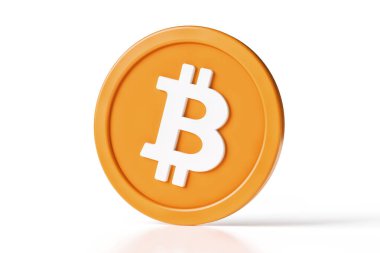 Beyaz zemin üzerinde izole edilmiş, turuncu ve beyaz renkli üç boyutlu Bitcoin simgesi. Yüksek kalite 3B görüntüleme.