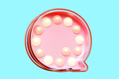 3 boyutlu tabela yazı tipi. Q harfi üzerinde pembe ampul ışığı tasarımı olan göz alıcı bir Q harfi. Yüksek kalite 3B görüntüleme