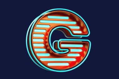 Üç boyutlu tipografi. Bronz ve mavi renkli neon desenli G harfi göze çarpıyor. Yüksek kalite 3B görüntüleme