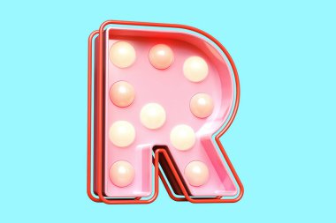 Üç boyutlu tabela tipografi. Göz alıcı R harfi. Ampul ışığı dizaynı pembe. Yüksek kalite 3B görüntüleme.