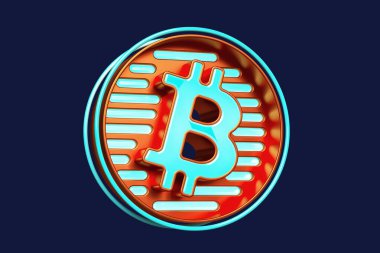 Metalik turuncu ve parlak mavi renkli canlı Bitcoin 3D simgesi. Yüksek kalite 3B görüntüleme