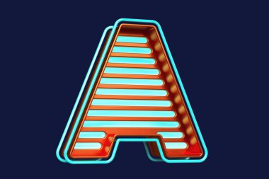 Neon ışığı 3D harf A turuncu ve açık mavi. Neon tarzı harf dizaynı. Yüksek kalite 3B görüntüleme.