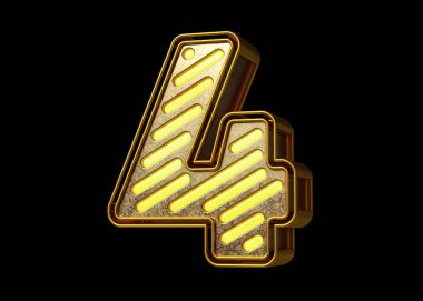 Altın parıldayan neon yazı tipi numarası 4. Başlıklar, reklam başlıkları ve göz alıcı metinler için güzel bir yazı karakteri. Yüksek kalite 3B görüntüleme.