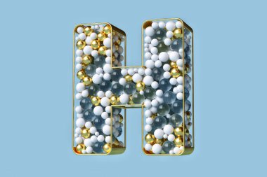 Altın, cam ve beyaz noel alfabesinden oluşan süslü küreler altın bir yapıda yüzüyor. Üç boyutlu efektli güzel bir H harfi. Yüksek kalite 3B görüntüleme.