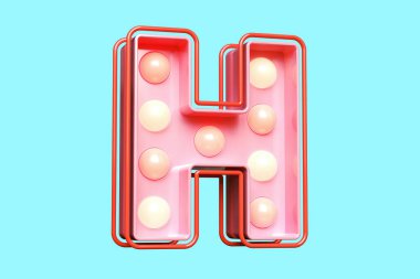 Üç boyutlu tabela tipografi. Göz alıcı H harfi. Ampul ışığı dizaynı pembe. Yüksek kalite 3B görüntüleme.