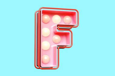 Pastel pembede 3D F harfi ve sıcak ampul ışıkları. Retro bedensel tipografi. Yüksek kalite 3B görüntüleme.