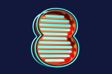 Renkli üç boyutlu neon tipografi. Pembeden maviye doğru 8 numaralı çarpıcı stil. Yüksek kalite 3B görüntüleme