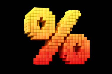 Piksel resim yüzdesi işareti sarı ve turuncu. Yüksek çözünürlüklü 3B görüntüleme 8-bit konsept yazı tipi.