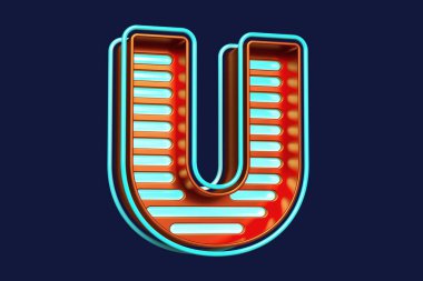 Turuncu ve mavi renkli U harfi. Üç boyutlu tüplü tipografi. Yüksek kalite 3B görüntüleme