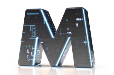 Teknoloji tarzı yazı tipi M harfi. Teknoloji, elektronik, mühendislik, dijital, oyun, bilim kurgu ve robotik kavramlar için uygun. Yüksek kalite 3B görüntüleme.