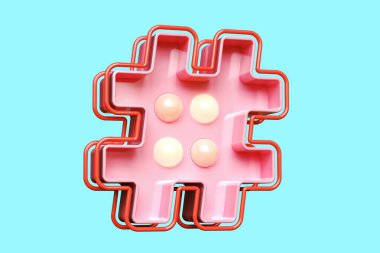 Hashtag 3D sembolü kırmızı ve pembe. Ampul tabelası tasarımı. Yüksek kalite 3B görüntüleme
