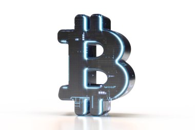 Fütürist bilgisayar tarzında tasarlanmış 3 boyutlu Bitcoin logosu. Teknoloji, elektronik, mühendislik, dijital, oyun, bilim kurgu ve madencilik kavramlarına uygundur. Yüksek kalite 3B görüntüleme.