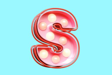 3 boyutlu S harfini pembe ve yumuşak sarı ampullü. Yüksek kalite 3B görüntüleme.