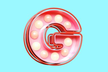 3 boyutlu tabela yazı tipi. Göz alıcı G harfi. Ampul ışığı dizaynı pembe. Yüksek kalite 3B görüntüleme.