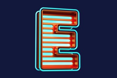 E harfi şeklinde turuncu ve mavi şeritli metal bir kutu. Çekici renkli neon yazı tipi. Yüksek kalite 3B görüntüleme