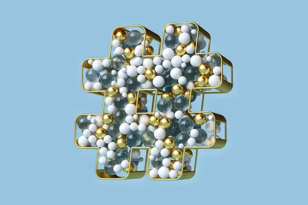 Hashtag Symbol Aus Fantasiekugeln Gold Kristall Und Weiße Kugeln Schweben — Stockfoto