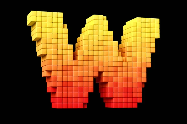 Pixel art display typeface letter W in yellow to orange color scheme. High quality 3D rendering.
