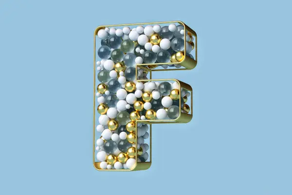 三维圣诞字母黄金 水晶和白色球漂浮在一个金色字母F形状的现代创意概念 高质量3D渲染 — 图库照片