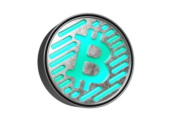 Bitcoin logosu gümüş renkli ve neonlu. Reklamlar ve haberler için kripto para tasarımı. Yüksek kalite 3B görüntüleme.