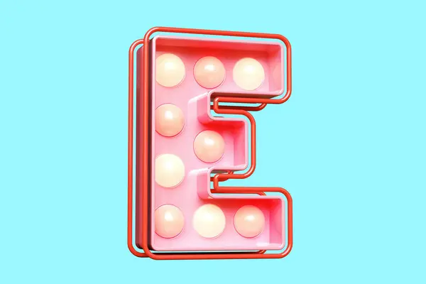 Pink lighting 3D letter E. Attractive bright bulb font. High quality 3D rendering.
