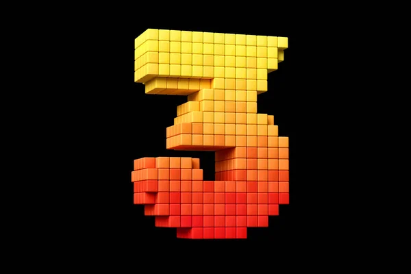 Retro font pixel art style digit number 3 in yellow and orange. High quality 3D rendering.