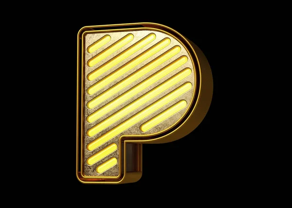 Gold shining neon font letter P. Nice typeface for designing titles, ad headers and eye-catching texts. High quality 3D rendering.