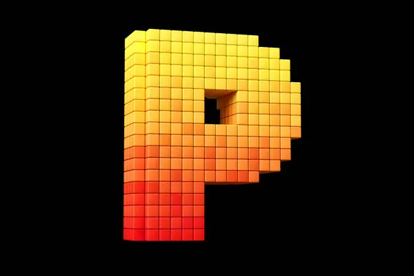 Pixel art digital typography letter P in yellow to orange color scheme. High quality 3D rendering.