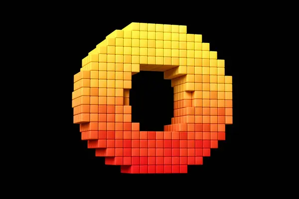 8-bit stylized pixel art alphabet letter O in yellow to orange color scheme. High quality 3D rendering.