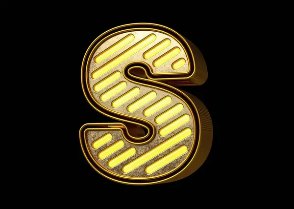 Shining neon font letter S in gold and yellow. Nice typeface for designing titles, ad headers and eye-catching texts. High quality 3D rendering.