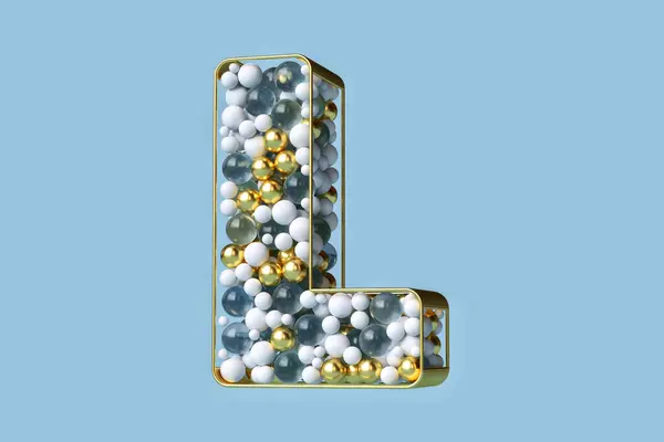 ゴールド クリスタル ホワイトボールの3Dクリスマスアルファベットは モダンなクリエイティブコンセプトで黄金の文字Lの形状に浮かびます 高品質の3Dレンダリング — ストック写真