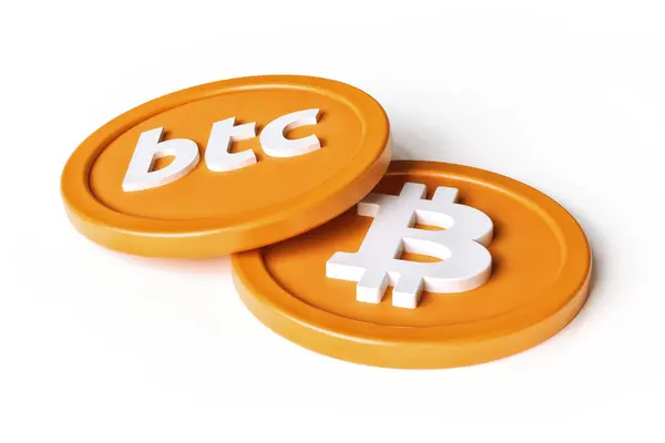 Bitcoin Kryptomünzen Mit Logo Und Btc Tickertext Abkürzung Auf Einer — Stockfoto