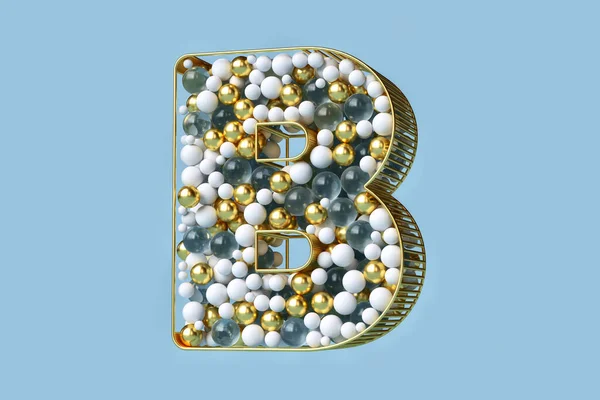 レンダリング3Dは金 ガラス 白のクリスマスのバブルのタイポグラフィを黄金の構造に浮かべます 3次元の効果を持つ美しい文字B 高品質3Dイラスト — ストック写真