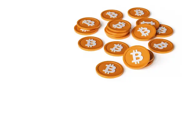 Moedas Bitcoin Espalhadas Aleatoriamente Uma Superfície Branca Criptomoedas Isoladas Fundo — Fotografia de Stock