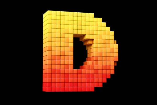Pixel art characters colletction letter D in yellow to orange color scheme. High quality 3D rendering.
