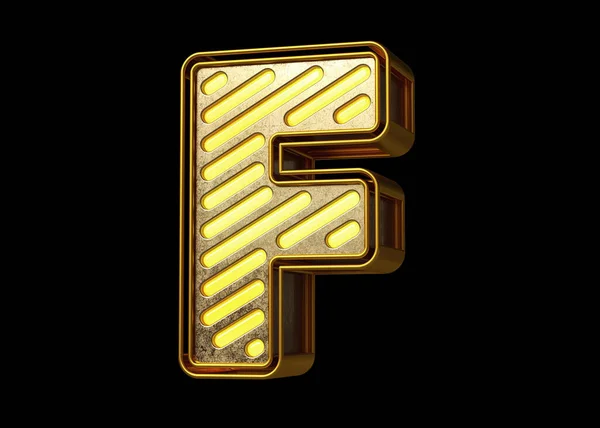Eye catching neon font letter F in gold. Beautiful typography for composing titles, ad headers and eye-catching texts. High quality 3D rendering.