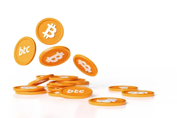 Bitcoin Btc Динамическая Иллюстрация Падающих Токенов Стопок Монет Изолированных Белом — стоковое фото