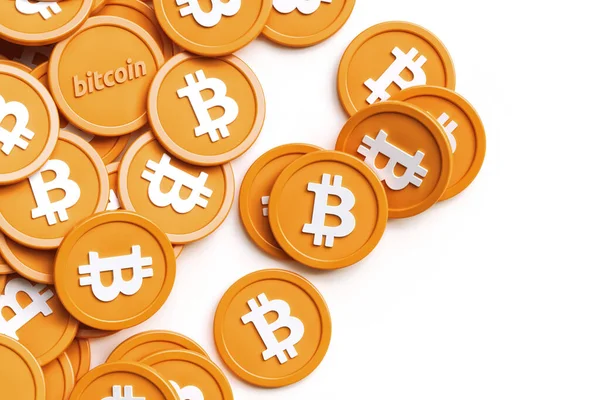 Ein Bündel Bitcoin Münzen Zufällig Platziert Mit Kopierplatz Auf Der — Stockfoto