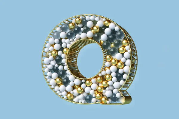ゴールド クリスタル ホワイトカラーの浮遊球によって形成された3Dタイポグラフィ 美しい広告の組成のためにまたはプロダクト装飾のために適したアルファベットの手紙Q 高精細3Dレンダリング — ストック写真