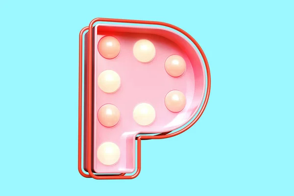 暖かい電球ライトが付いているパステル ピンクの3Dの手紙P レトロモダンなライトボックスのタイポグラフィ 高品質の3Dレンダリング — ストック写真