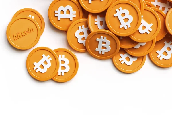 Bitcoin Btc Monte Tokens Colocados Aleatoriamente Visto Cima Com Espaço — Fotografia de Stock
