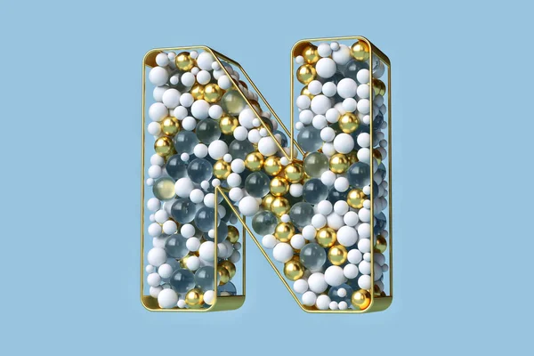 ファンシーは金 ガラス 白のクリスマスのバブルのフォント3Dを黄金の構造に浮かべます 3次元効果のある美しい手紙N 高品質の3Dレンダリング — ストック写真