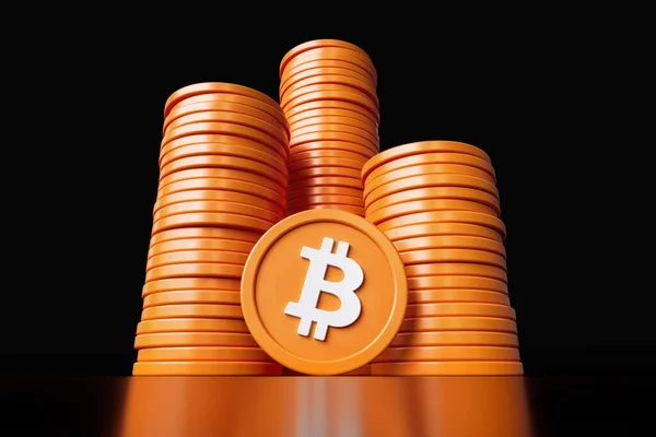 Bitcoin Kryptomünzen Stapeln Sich Mehreren Stapeln Auf Schwarzem Hintergrund Perspektivischer — Stockfoto