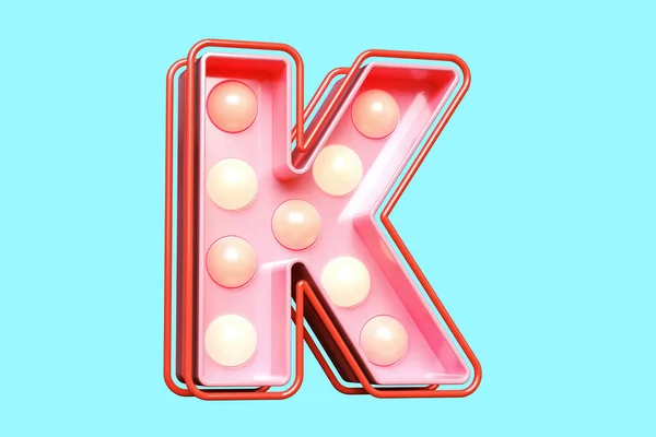 Pink lighting 3D letter K. Retro style lettering design with bulb lights. High quality 3D rendering.